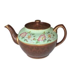 Vintage Sadler England Floral Teapot – Mint Green & Copper Brown, Gold Trim